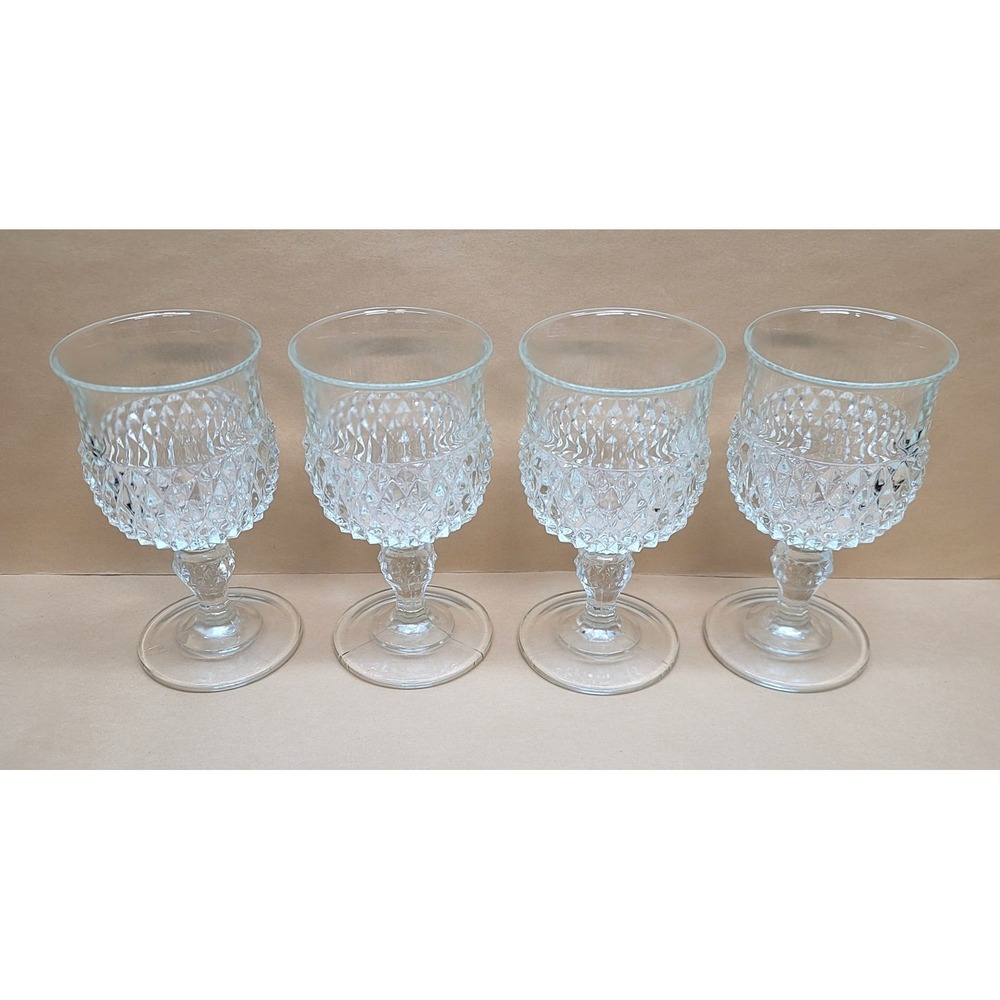 Set‎ of 4 Vtg Indiana Glass Diamond Point Clear Water Goblets 6-3/8"H